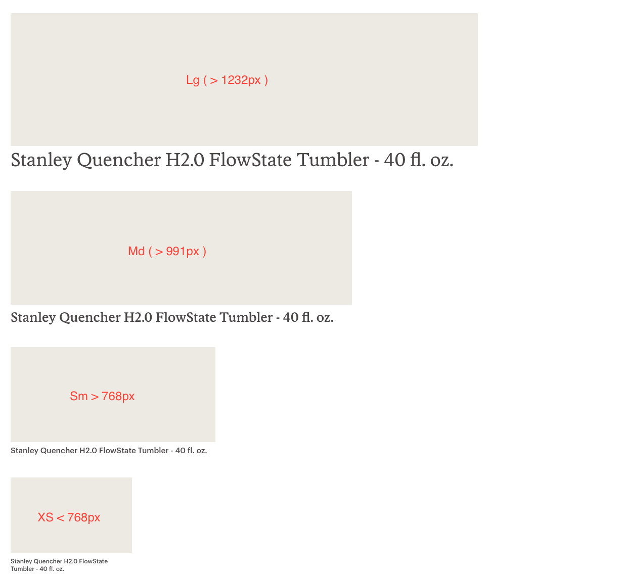 Simple product card layout with image and title across major breakpoints